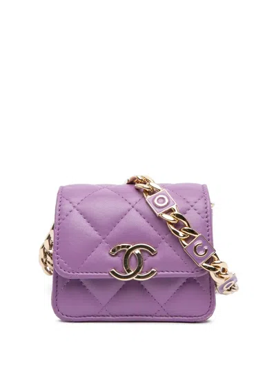 Pre-owned Chanel 2021-2025 Cc Quilted Lambskin Coco Card Holder On Chain Crossbody Bag In Purple