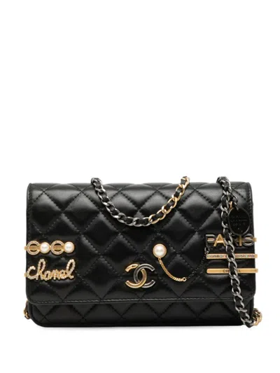 Pre-owned Chanel 2021-2025 Cc Quilted Lambskin Coco Clips Wallet On Chain Crossbody Bag In Black