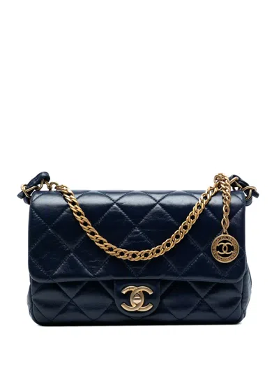 Pre-owned Chanel 2021-2025 Cc Quilted Lambskin Coin Chain Flap Satchel In Blue