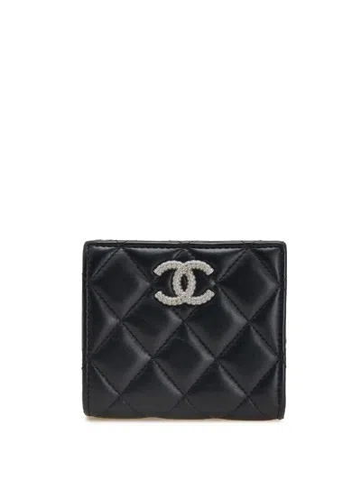 Pre-owned Chanel 2021-2025 Cc Quilted Lambskin Compact Bifold Wallet Small Wallets In Black