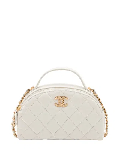 Pre-owned Chanel 2021-2025 Cc Quilted Lambskin Dome Vanity Case With Chain Satchel In White