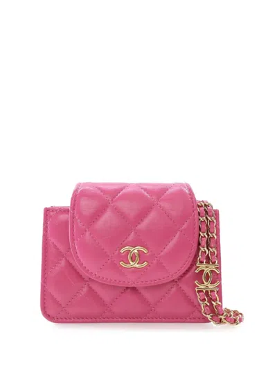 Pre-owned Chanel 2021-2025 Cc Quilted Lambskin Flap Clutch On Chain Crossbody Bag