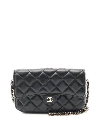 Pre-owned Chanel 2021-2025 Cc Quilted Lambskin Flap Phone Holder Wallet On Chain Crossbody Bag In Black