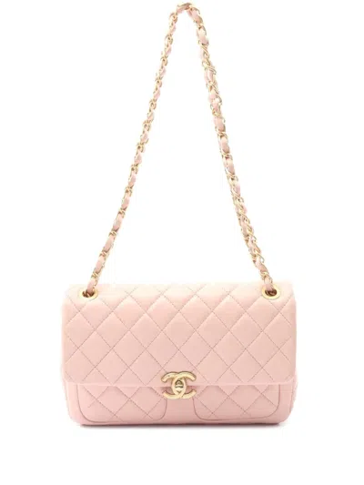 Pre-owned Chanel 2021-2025 Cc Quilted Lambskin Front Pocket Single Flap Shoulder Bag In Pink
