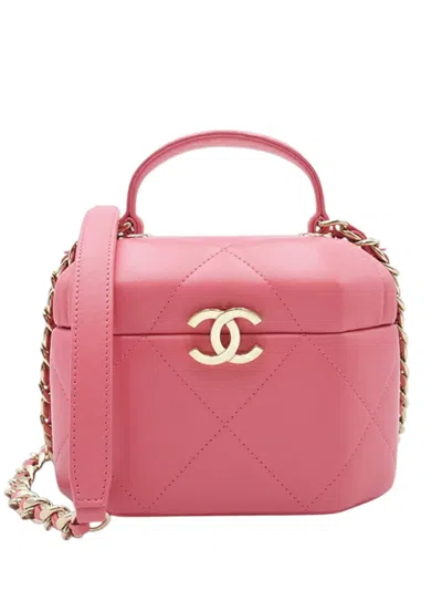Pre-owned Chanel 2021-2025 Cc Quilted Lambskin Hexagon Top Handle Vanity Case Satchel In Pink