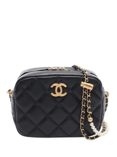 Pre-owned Chanel 2021-2025 Cc Quilted Lambskin Pearl Chain Camera Bag Crossbody Bag In Black