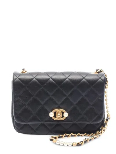 Pre-owned Chanel 2021-2025 Cc Quilted Lambskin Pearl Single Flap Crossbody Bag In Black