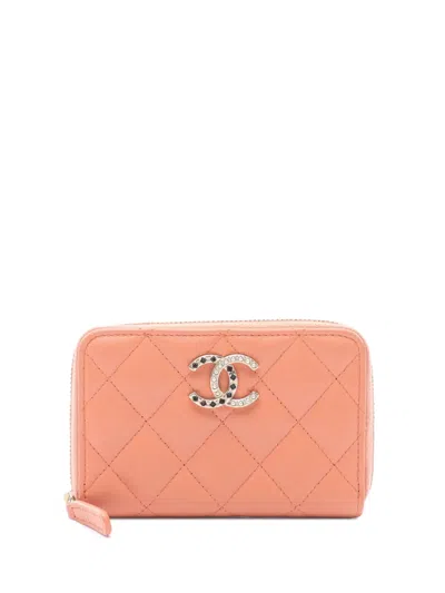 Pre-owned Chanel 2021-2025 Cc Quilted Lambskin Studded Coin Pouch In Pink