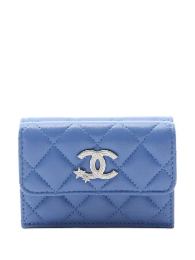 Pre-owned Chanel 2021-2025 Cc Quilted Lambskin Trifold Wallet Small Wallets In Blue