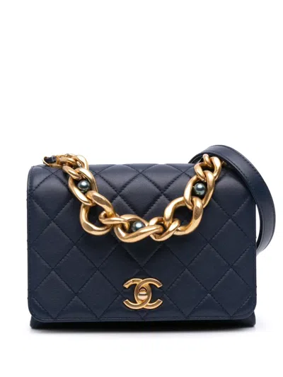 Pre-owned Chanel 2021-2025 Cc Quilted Lambskin Triple Pearl Chain Flap Satchel In Blue