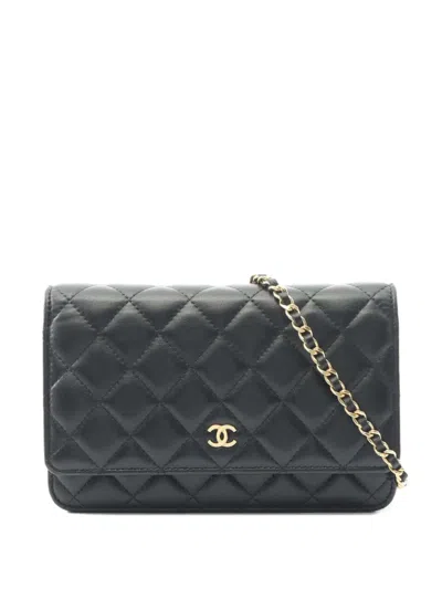 Pre-owned Chanel 2021-2025 Cc Quilted Lambskin Wallet On Chain Crossbody Bag In Black