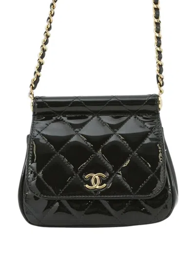 Pre-owned Chanel 2021-2025 Cc Quilted Patent Frame Flap Clutch With Chain Crossbody Bag In Black