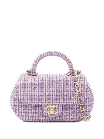 Pre-owned Chanel 2021-2025 Cc Quilted Tweed Top Handle Flap Satchel In Purple