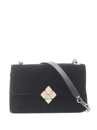 Pre-owned Chanel 2021-2025 Cc Quilted Velvet Diamond Lock With Strass Flap Crossbody Bag In Black