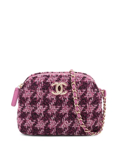 Pre-owned Chanel 2021-2025 Cc Tweed Houndstooth Clutch On Chain Crossbody Bag In Purple