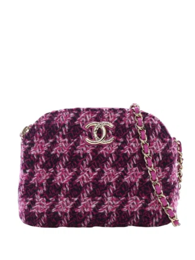 Pre-owned Chanel 2021-2025 Cc Tweed Houndstooth Clutch On Chain Crossbody Bag In Purple