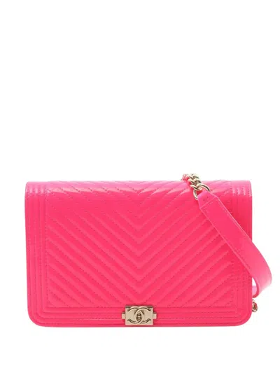 Pre-owned Chanel 2021-2025 Chevron Quilted Patent Boy Wallet On Chain Crossbody Bag In Pink