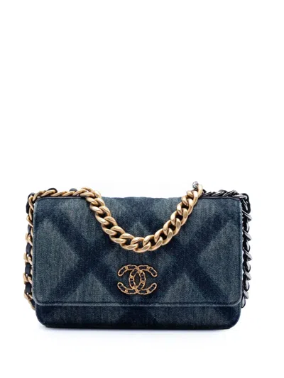 Pre-owned Chanel 2021-2025 Denim 19 Flap Wallet On Chain Satchel In Blue