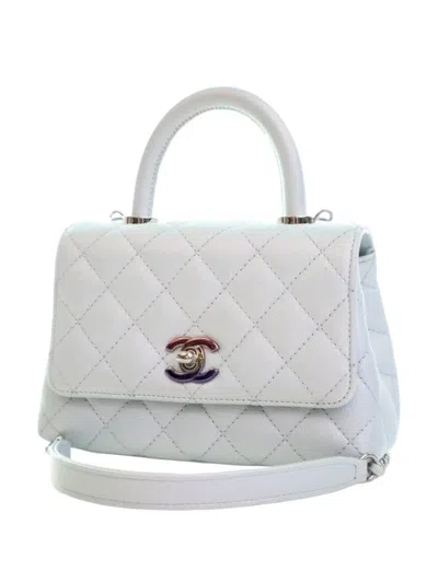 Pre-owned Chanel 2021-2025 Extra Mini Iridescent Caviar Rainbow Cc Coco Top Handle Bag Satchel In Blue