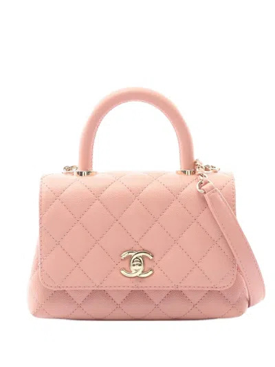 Pre-owned Chanel 2021-2025 Extra Mini Quilted Caviar Coco Top Handle Bag Satchel In Pink