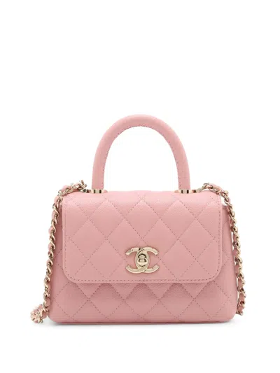 Pre-owned Chanel 2021-2025 Extra Mini Quilted Caviar Coco Top Handle Bag Satchel In Pink