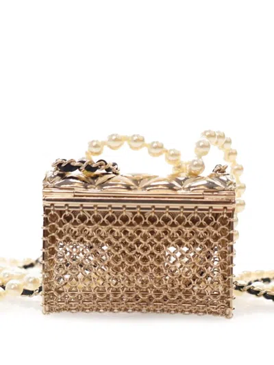 Pre-owned Chanel 2021-2025 Gold Plated And Faux Pearl Flap Bag Pendant Necklace Costume Necklace