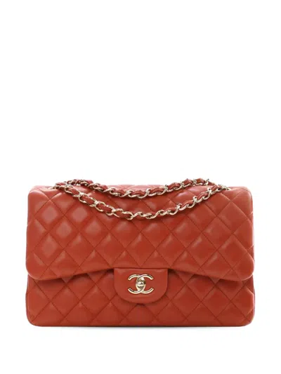 Pre-owned Chanel 2021-2025 Jumbo Classic Lambskin Double Flap Shoulder Bag In Red