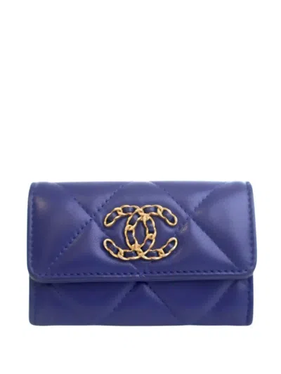 Pre-owned Chanel 2021-2025 Lambskin 19 Flap Card Holder Small Wallets In Blue
