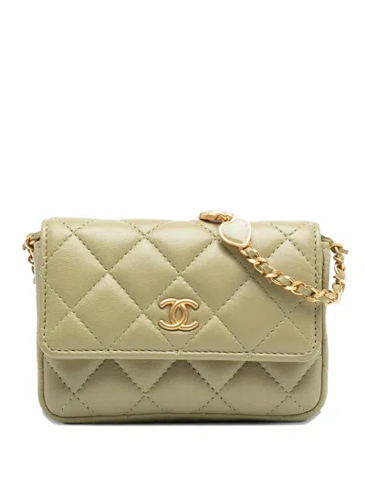 Pre-owned Chanel 2021-2025 Lambskin Enamel Coco Hearts Clutch With Chain Crossbody Bag In Green
