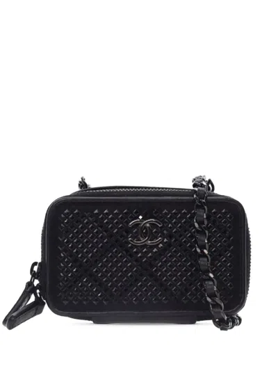 Pre-owned Chanel 2021-2025 Lambskin Satin Strass Studded Clutch With Chain Crossbody Bag In Black