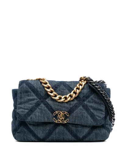 Pre-owned Chanel 2021-2025 Large Denim 19 Flap Satchel In Blue