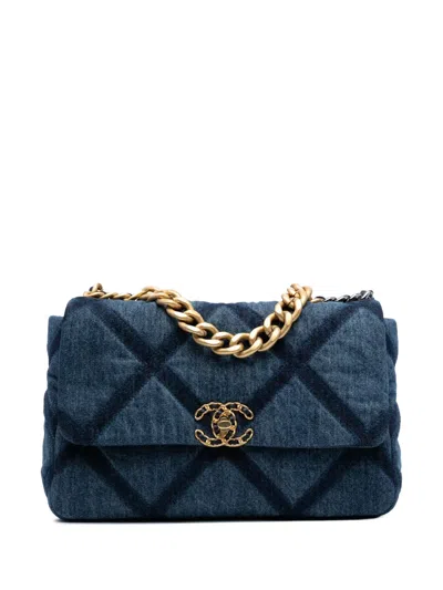 Pre-owned Chanel 2021-2025 Large Denim 19 Flap Satchel In Blue