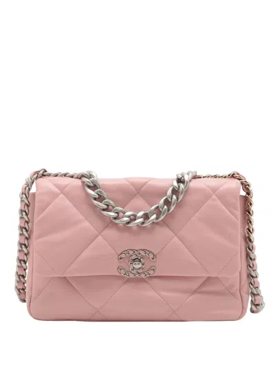 Pre-owned Chanel 2021-2025 Large Lambskin 19 Flap Satchel In Pink