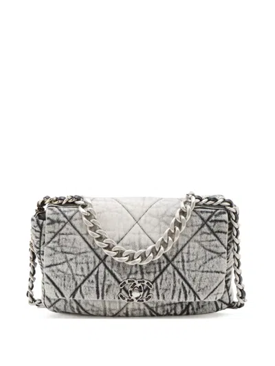 Pre-owned Chanel 2021-2025 Large Quilted Washed Denim 19 Flap Satchel In Gray