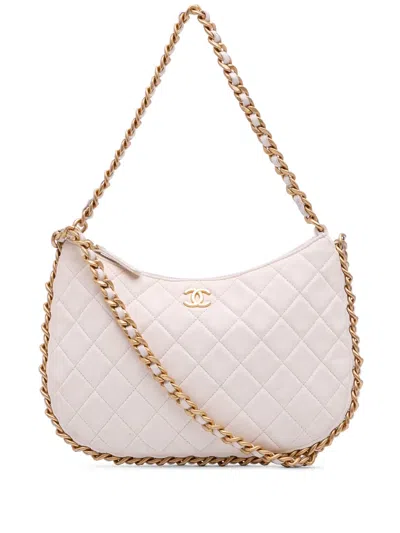 Pre-owned Chanel 2021-2025 Large Shiny Crumpled Quilted Lambskin Trendy Chain Around Hobo Satchel In White