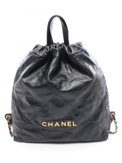 Pre-owned Chanel 2021-2025 Large Shiny Quilted Calfskin 22 Backpack In Black