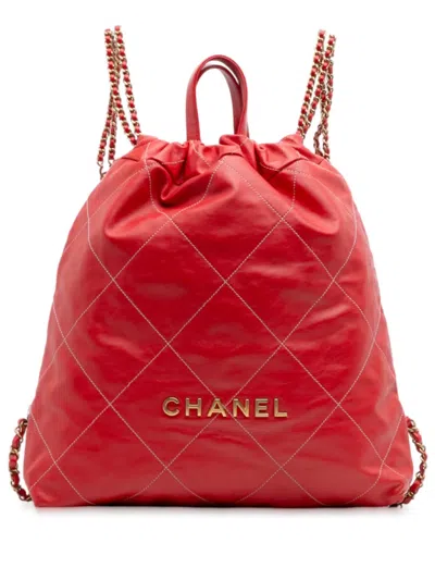 Pre-owned Chanel 2021-2025 Large Shiny Quilted Calfskin 22 Backpack In Red