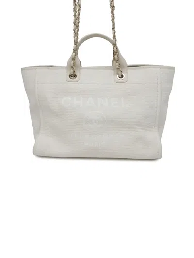 Pre-owned Chanel 2021-2025 Medium Canvas Square Stitch Deauville Tote Satchel In White