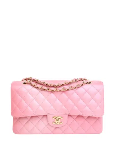 Pre-owned Chanel 2021-2025 Medium Classic Iridescent Lambskin Double Flap Shoulder Bag In Pink