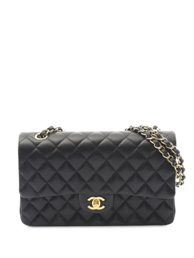 Pre-owned Chanel 2021-2025 Medium Classic Lambskin Double Flap Shoulder Bag In Black