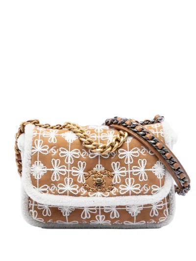 Pre-owned Chanel 2021-2025 Medium Embroidered Suede 19 Flap With Shearling Trim Satchel In Brown