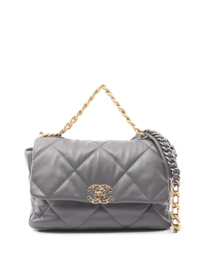 Pre-owned Chanel 2021-2025 Medium Lambskin 19 Flap Satchel In Gray