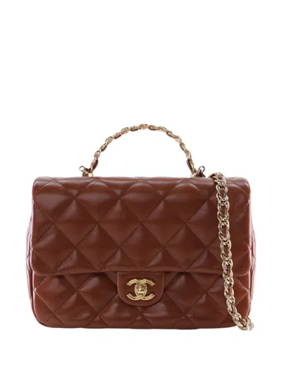 Pre-owned Chanel 2021-2025 Medium Quilted Shiny Lambskin Golden Links Top Handle Flap Satchel In Brown