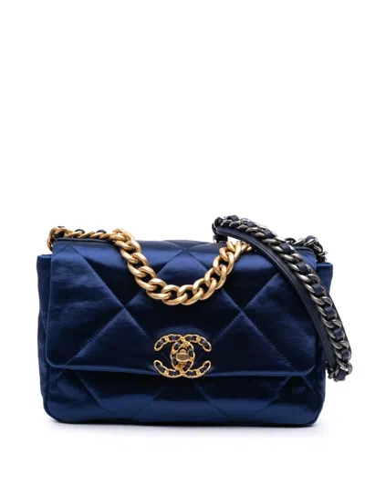 Pre-owned Chanel 2021-2025 Medium Satin 19 Flap Satchel In Blue