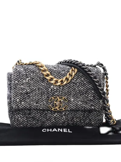 Pre-owned Chanel 2021-2025 Medium Tweed 19 Flap Satchel In Gray