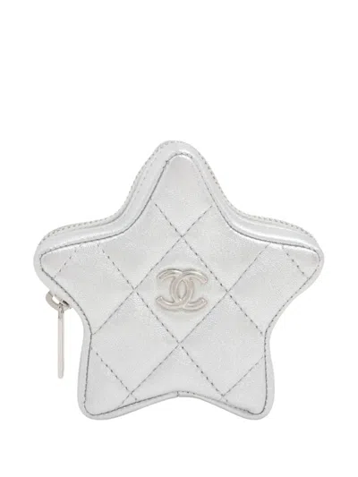 Pre-owned Chanel 2021-2025 Metallic Lambskin Walk Of Fame Star Clip On Purse Coin Pouch In Silver