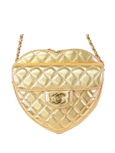 Pre-owned Chanel 2021-2025 Metallic Quilted Lambskin Cc In Love Heart Crossbody Bag In Gold