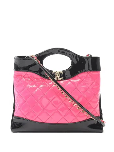 Pre-owned Chanel 2021-2025 Mini Bicolor Quilted Patent 31 Shopping Bag Satchel In Black