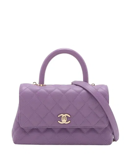 Pre-owned Chanel 2021-2025 Mini Caviar Coco Top Handle Bag Satchel In Purple