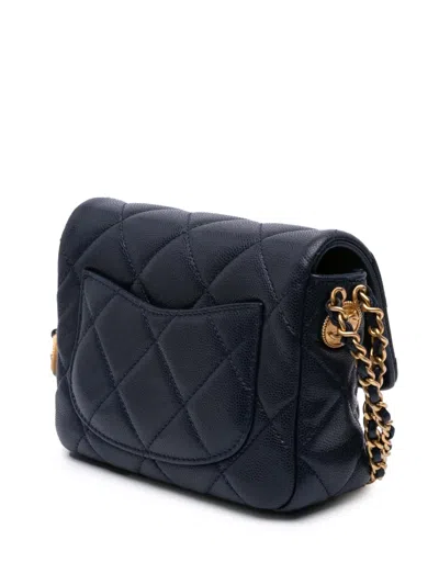 Pre-owned Chanel 2021-2025 Mini Caviar Twist Your Buttons Flap Crossbody Bag In Blue
